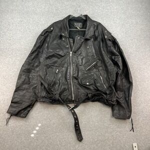 Vintage Diamond Leather Black Motorcycle Jacket Belted Waist Heavy 80s Moto XL